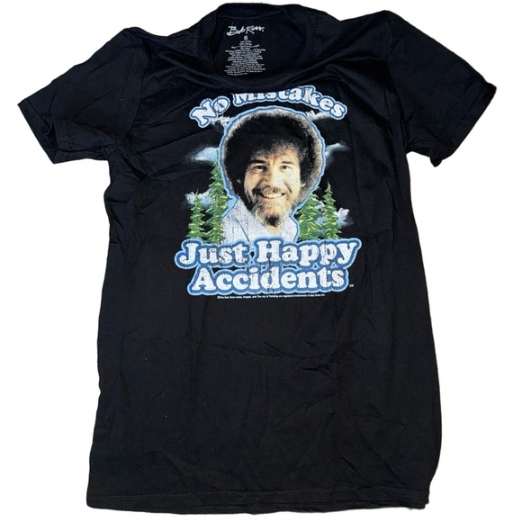 Bob Ross Small T-Shirt Black Graphic No Mistakes Happy Accidents Art Core - Picture 1 of 3